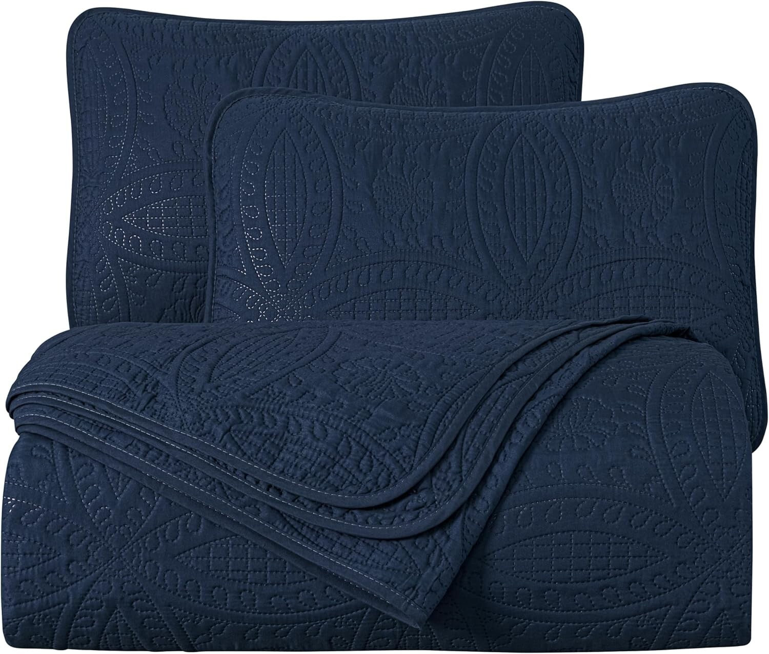 Luxurious 3-Piece Oversized Queen Bedspread Set in Navy with Medallion Design