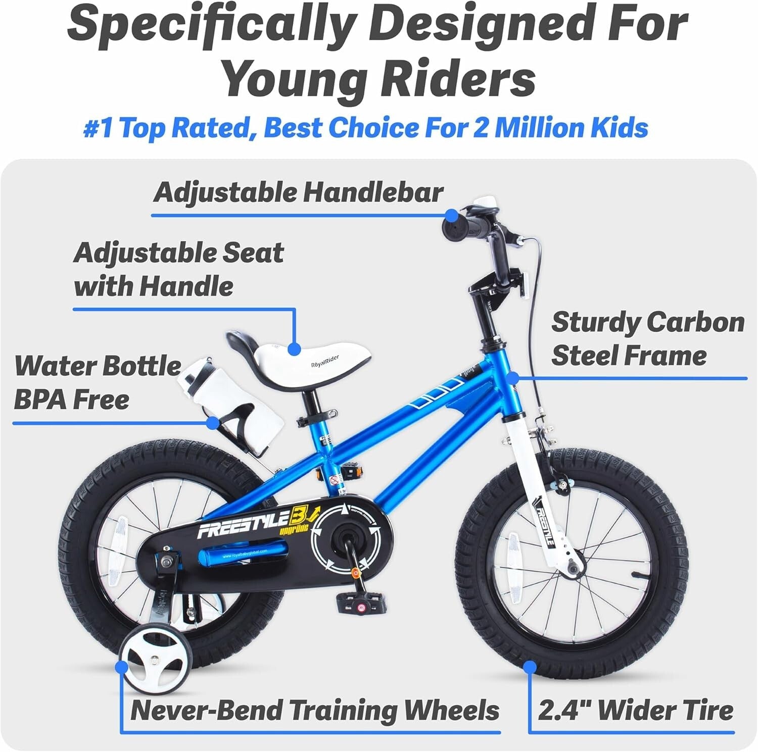 Durable Kids Freestyle Bicycle with Training Wheels & Water Bottle - 12 Inch