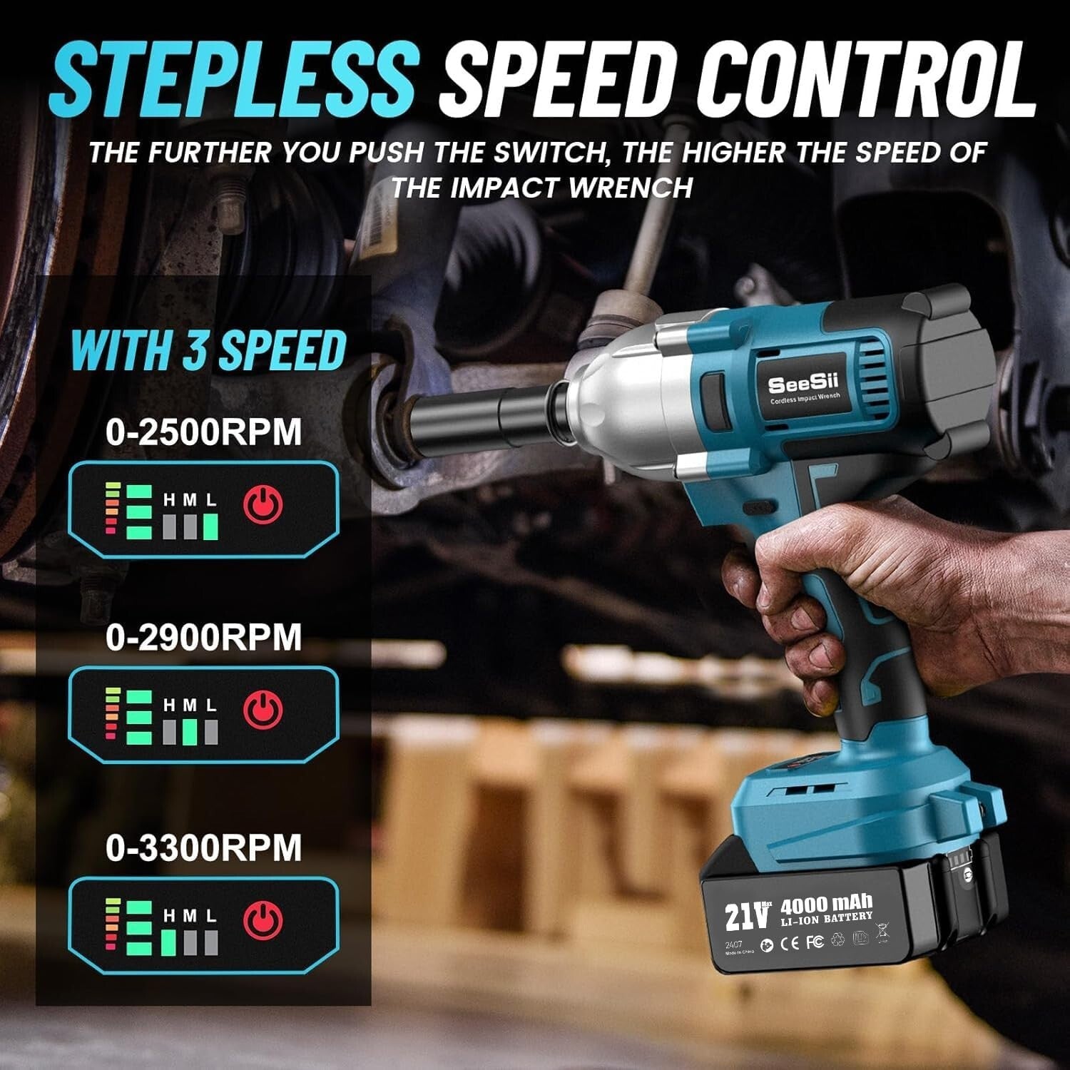 Electric Impact Wrench 21V with 2 Batteries, Case, and 6 Impact Sockets Included