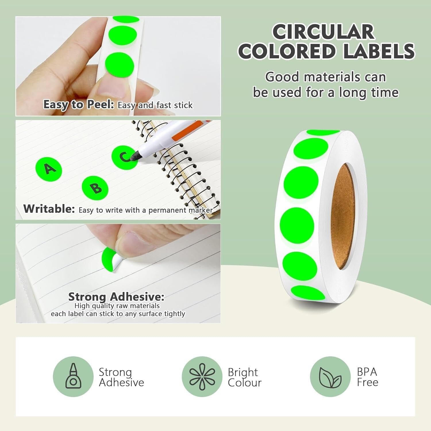 Bulk Pack of 10 Rolls Fluorescent Green 1/2 Inch Permanent Adhesive Dot Stickers