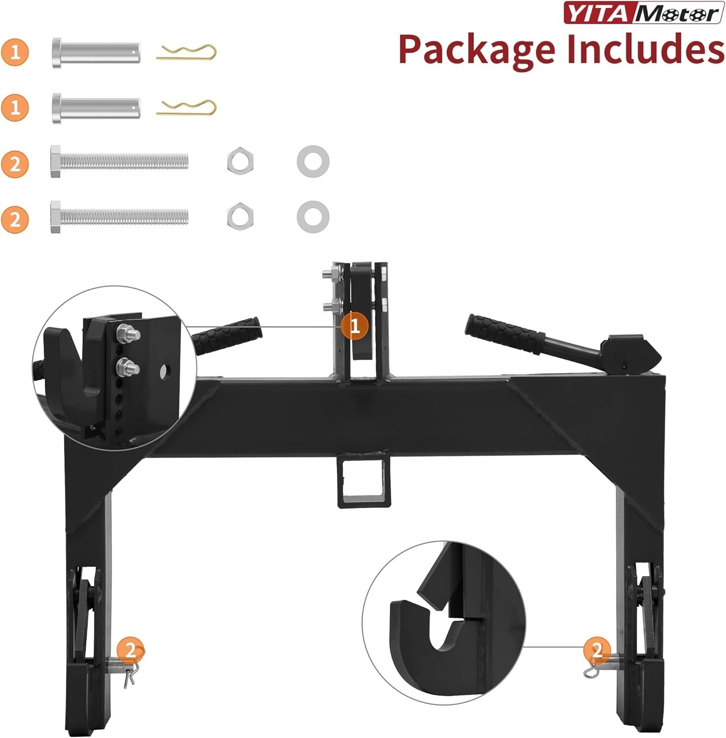 Category 1 Tractor 3-Pt Attachment with 2" Receiver and 5-Level Adjustability