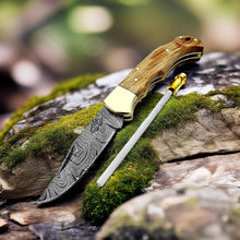 Load image into Gallery viewer, Handcrafted Damascus Steel Folding Knife with Leather Sheath - A Collector's Gem