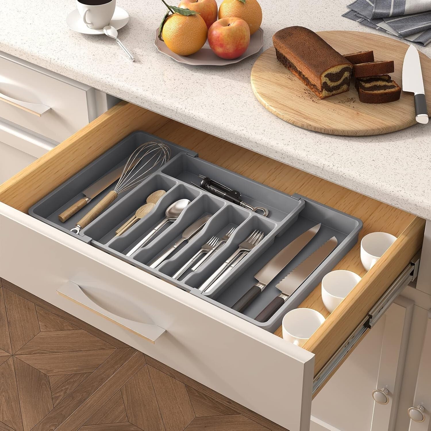 Adjustable Utensil Organizer - Silverware Drawer Tray with 8 Compartments, Grey
