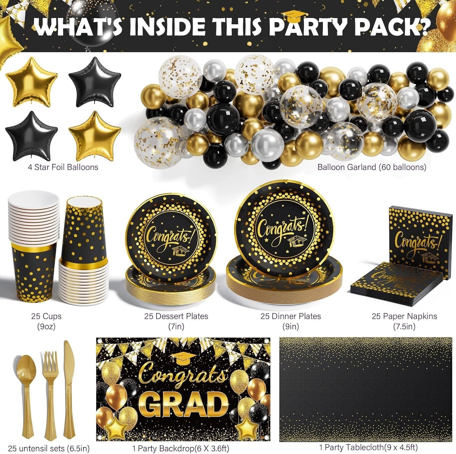 Elegant 245 PCS Black & Gold Graduation Decorations - Serves 25 Guests with Ease