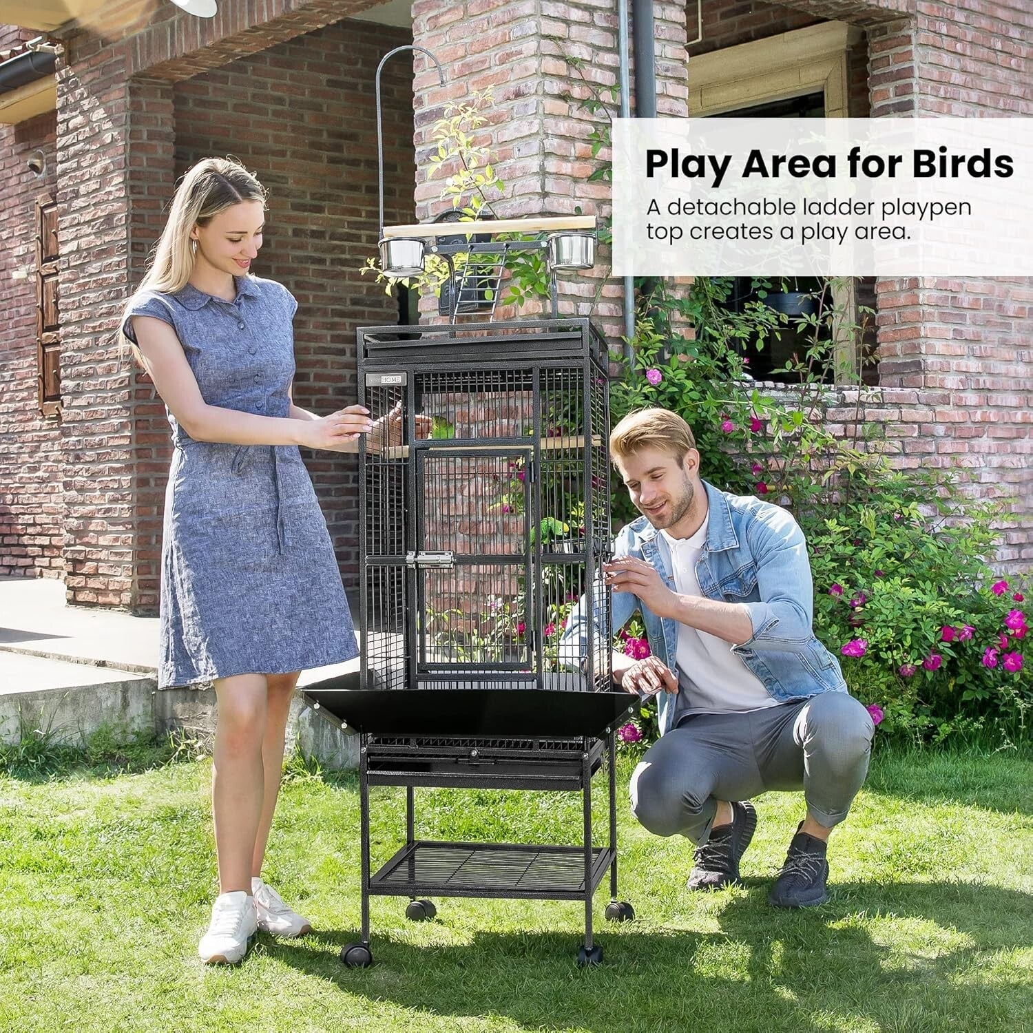 Elegant Black Bird Cage with Play Top - Ideal for African Grey, Macaws, and More
