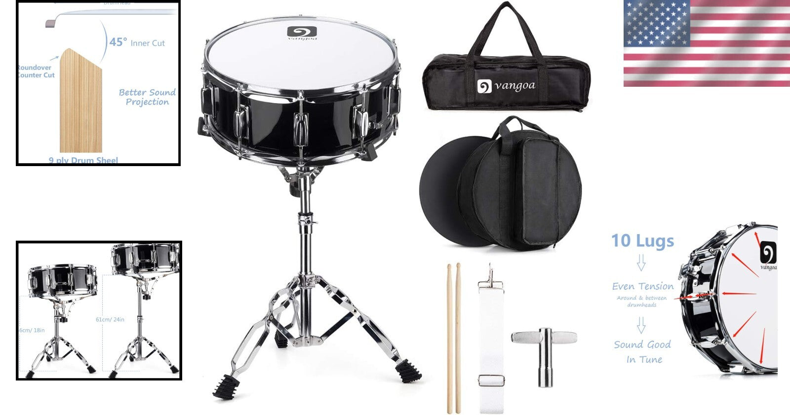 Complete 14-Inch Snare Drum Kit for Students with Transport Bag & Accessories