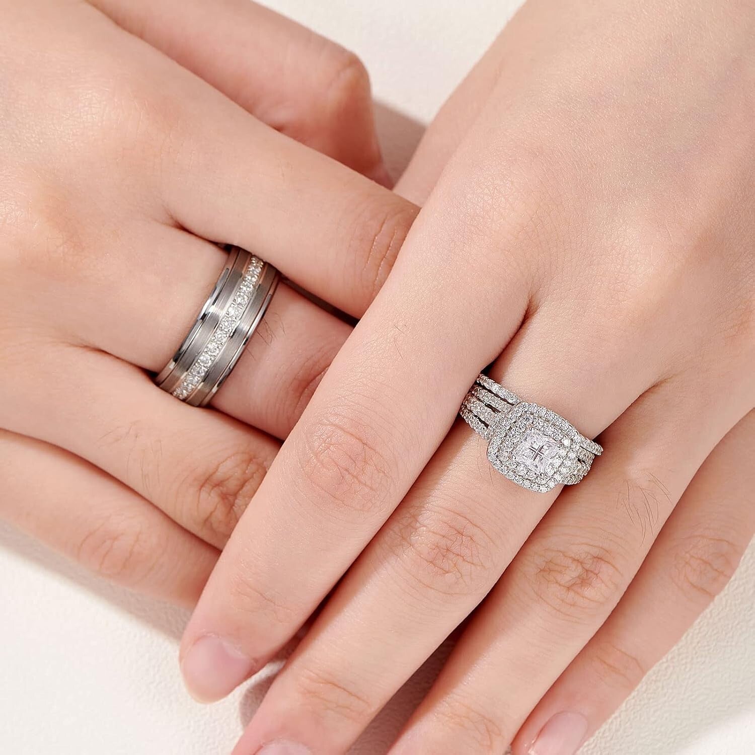 His and Hers Tungsten & Sterling Silver Wedding Ring Set - Gift Ready Packaging