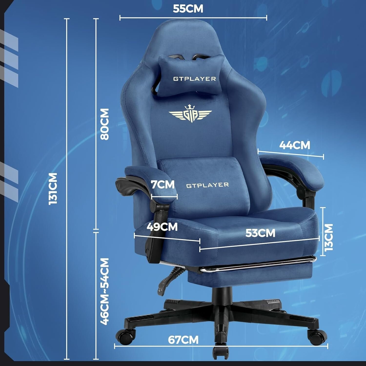 Luxurious Blue Gaming Chair for Adults - Supports 350LBS with Lumbar Support
