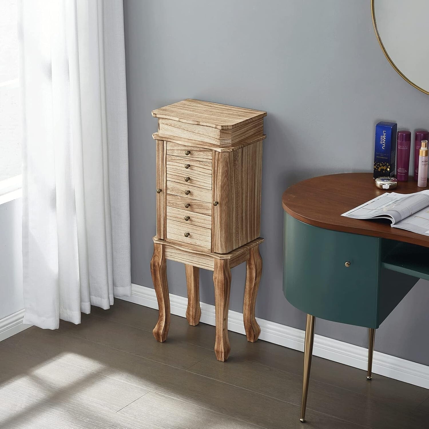 Elegant Jewelry Chest with 7 Drawers & Mirror - Freestanding Rustic Wood Design