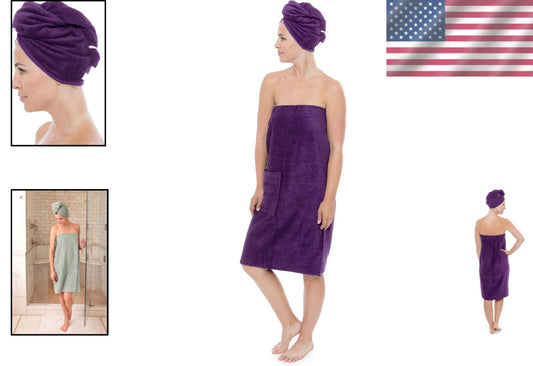 Women's Organic Cotton Spa Wrap & Hair Towel Set - 2X/3X Comfort in Purple