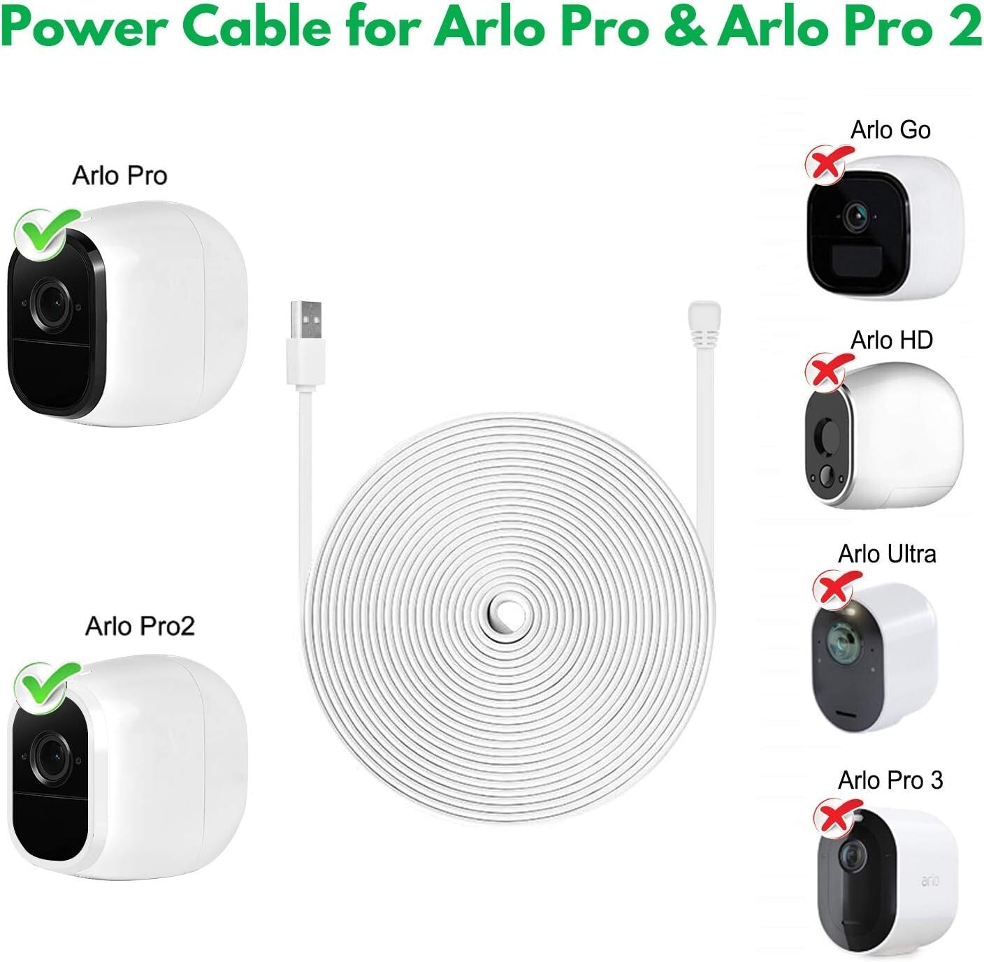 Easy Install 30FT Weatherproof Power Cables for Arlo Pro & Pro 2 with QC Adapter