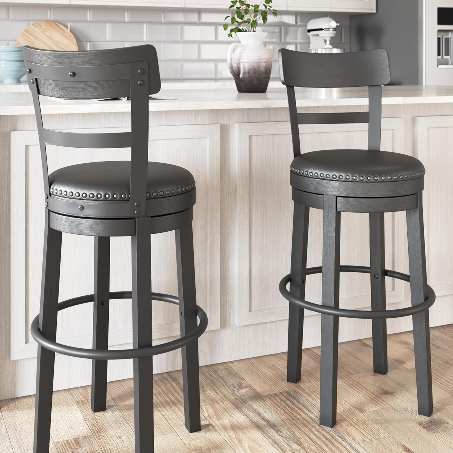 Rustic-Inspired 360° Swivel Barstool - 43.25" Height with Nailhead Trim