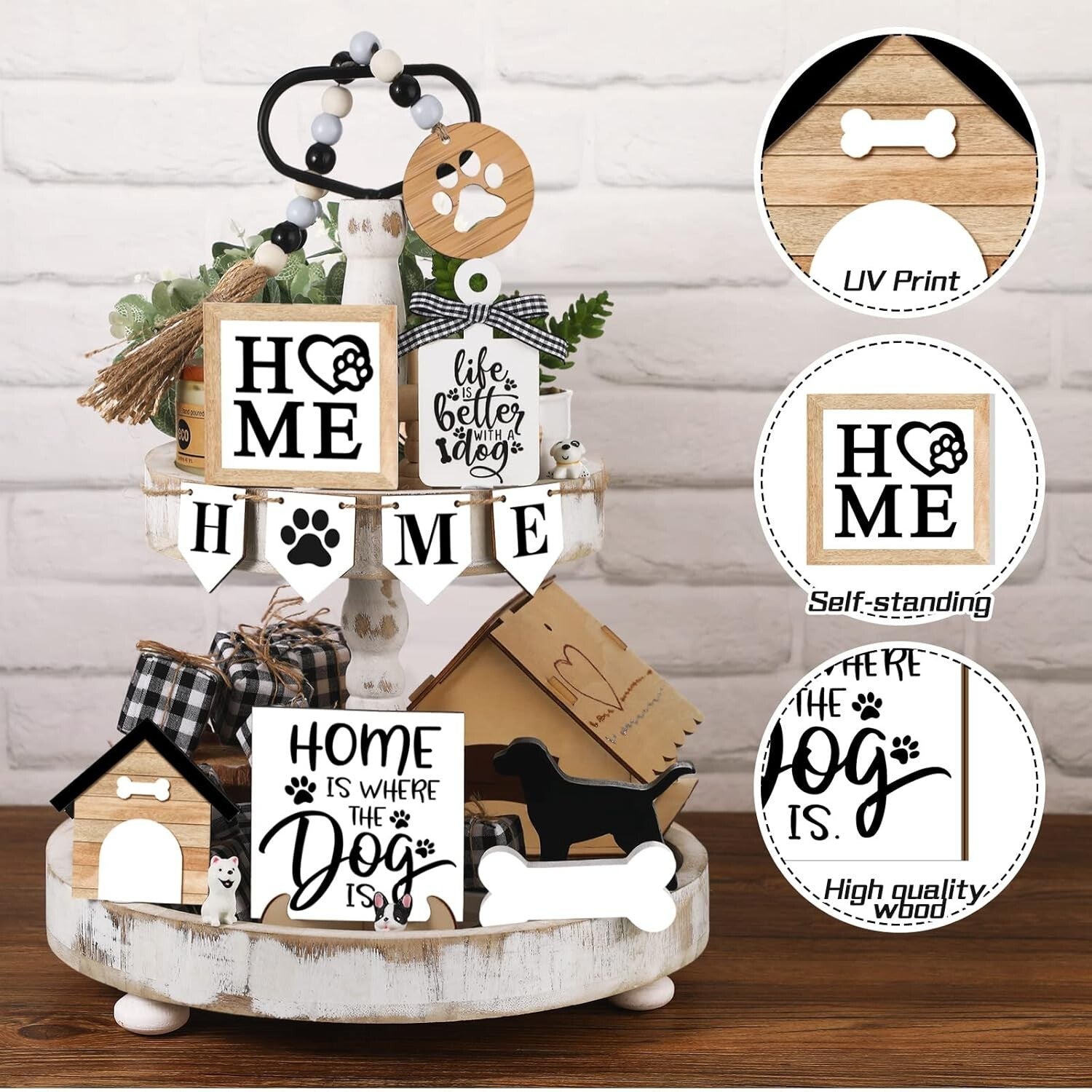 Sturdy Rustic Wooden Tiered Tray Decor with Personalized Dog-Themed Accessories