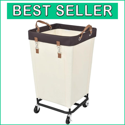 160L Rolling Canvas Laundry Basket with Wheels - Minimalist Beige Design