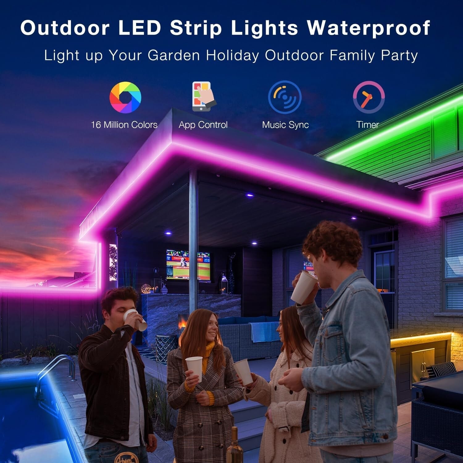 Dimmable 100ft LED Light Strips for Outdoor Use, Waterproof with Timer Features