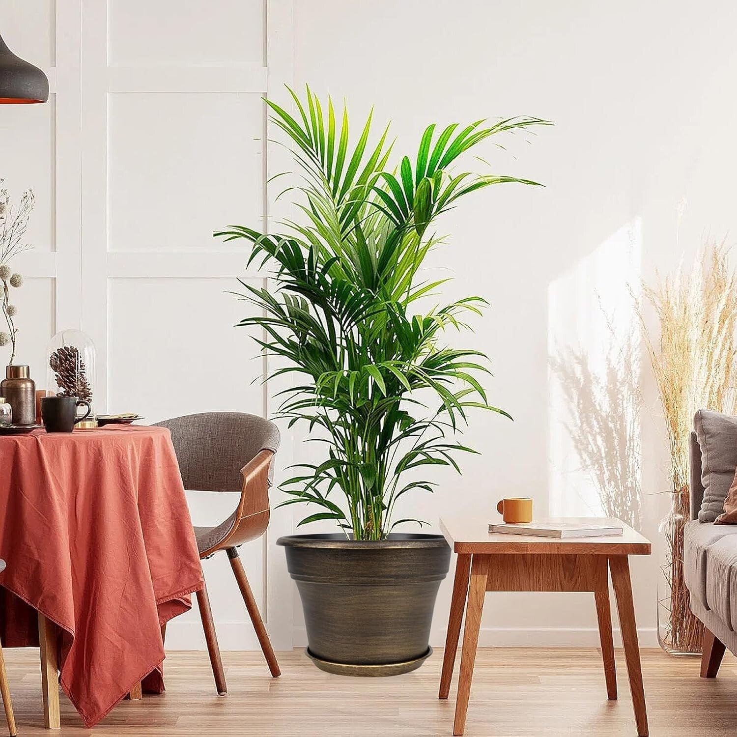 Stylish Resin Plant Pots 16-Inch with Drainage Holes - Dark Gold, Set of 4