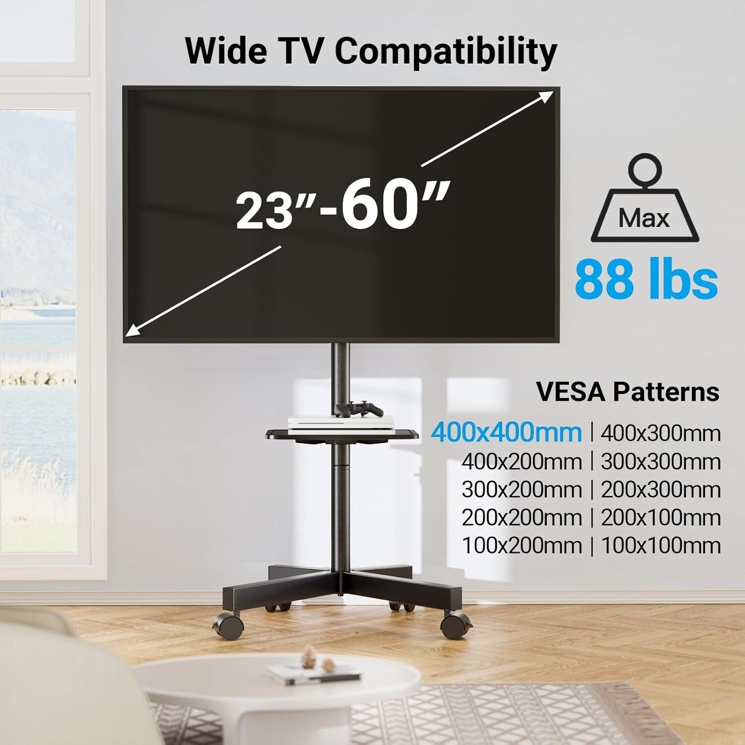 Versatile Mobile TV Stand for 23-60 Inch Televisions, Lockable Wheels for Safety