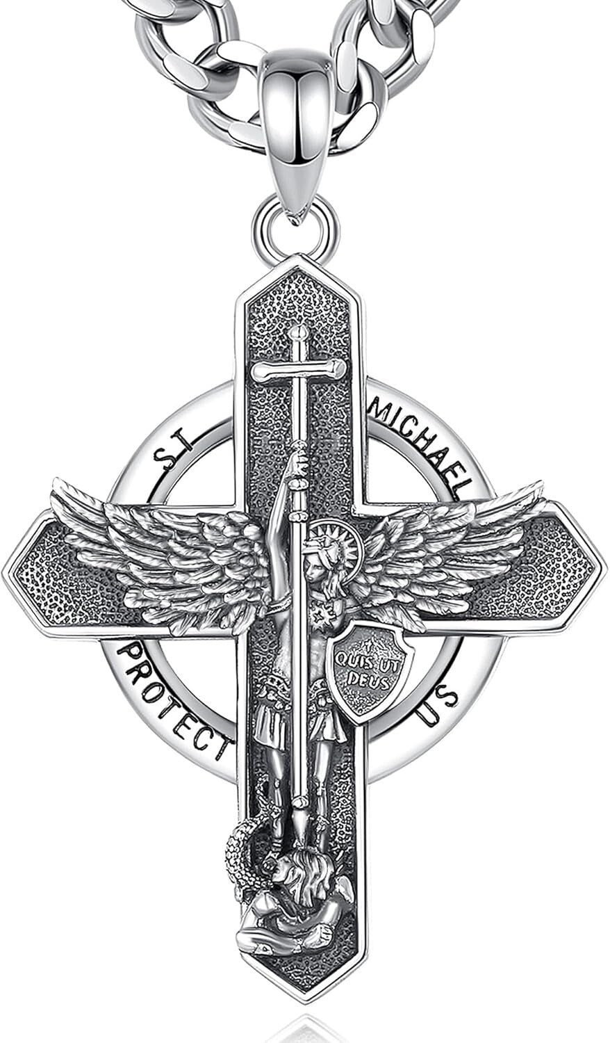 925 Sterling Silver St. Michael Cross Pendant with Cuban Chain - Spiritual Gift
