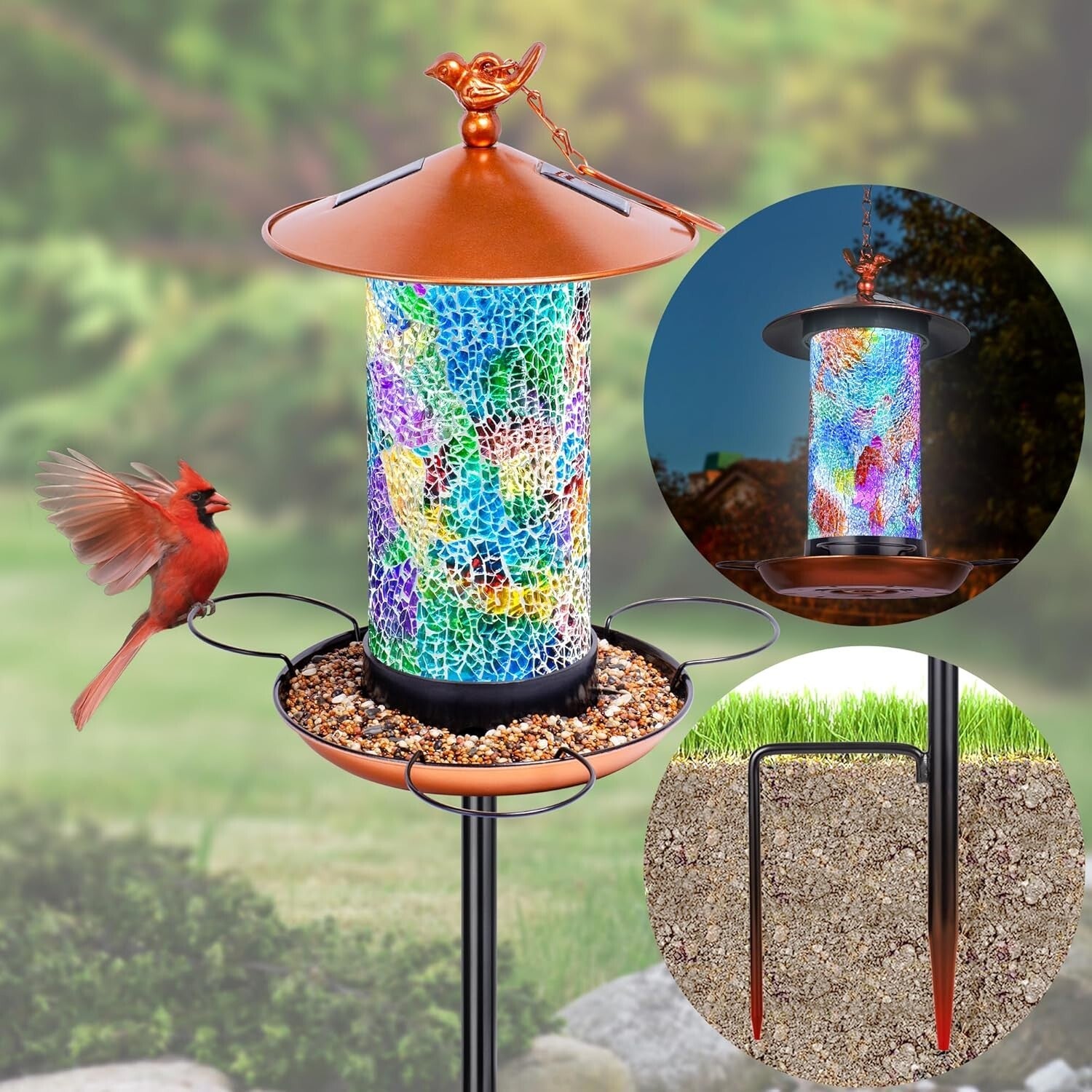 Durable Mosaic Bird Feeder with Solar Function & Height Adjustable Pole Stand