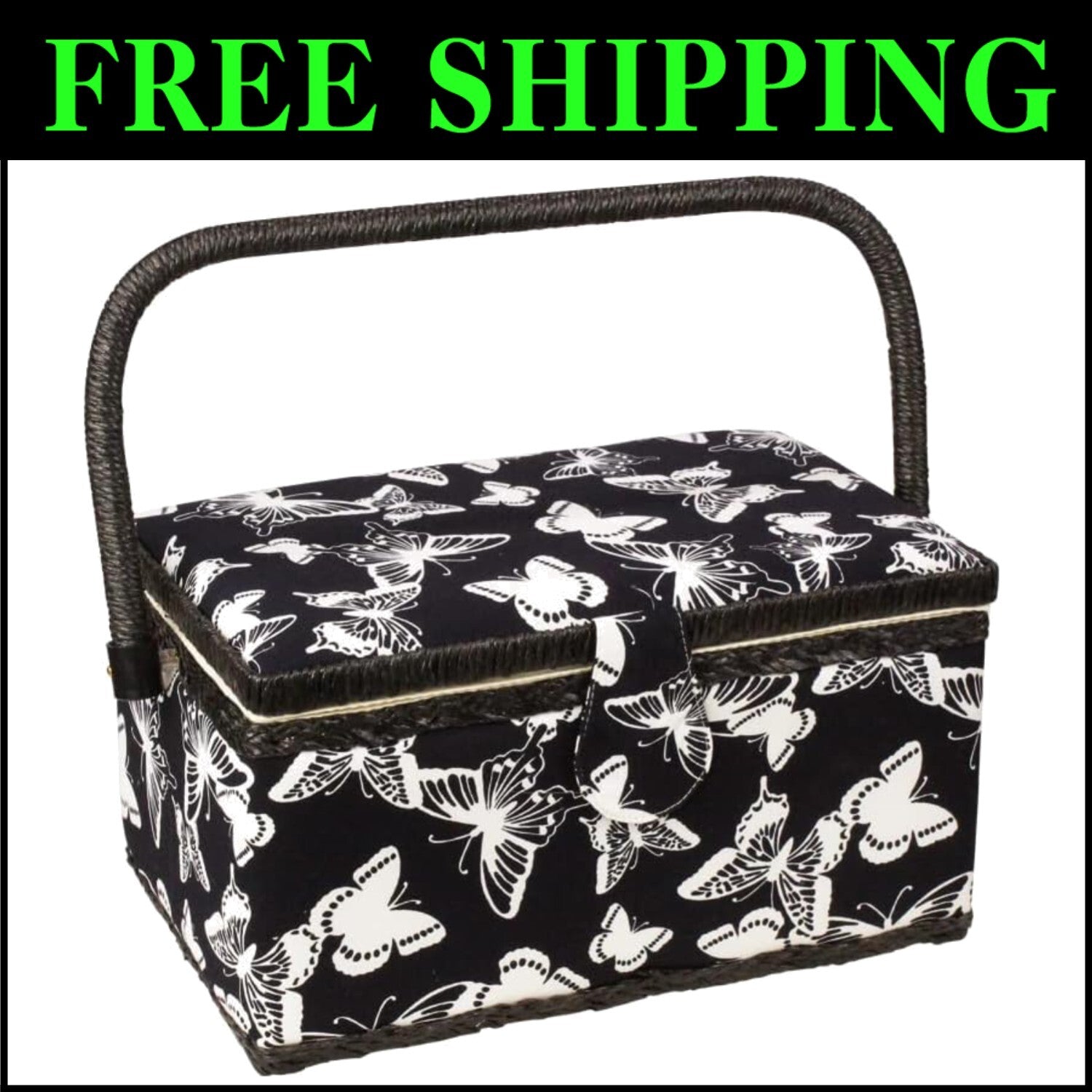 Elegant Floral Print Sewing Basket with Removable Tray and Built-in Pin Cushion