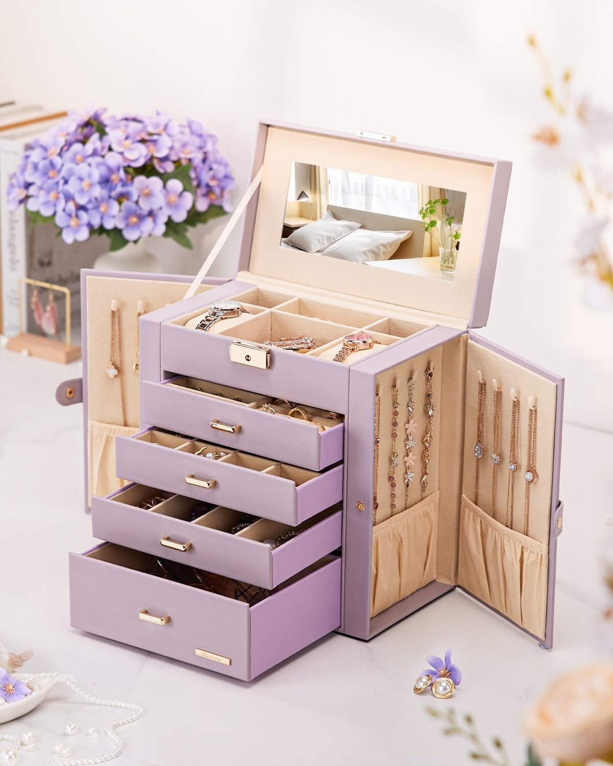 5-Layer Mirrored Jewelry Case with Lock - Luxe Storage for Accessories