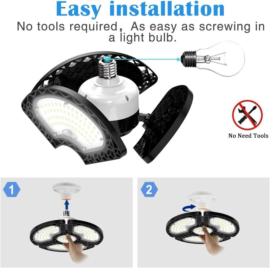 Energy-Efficient 80W LED Garage Light - 3 Adjustable Panels, 12000 Lumens