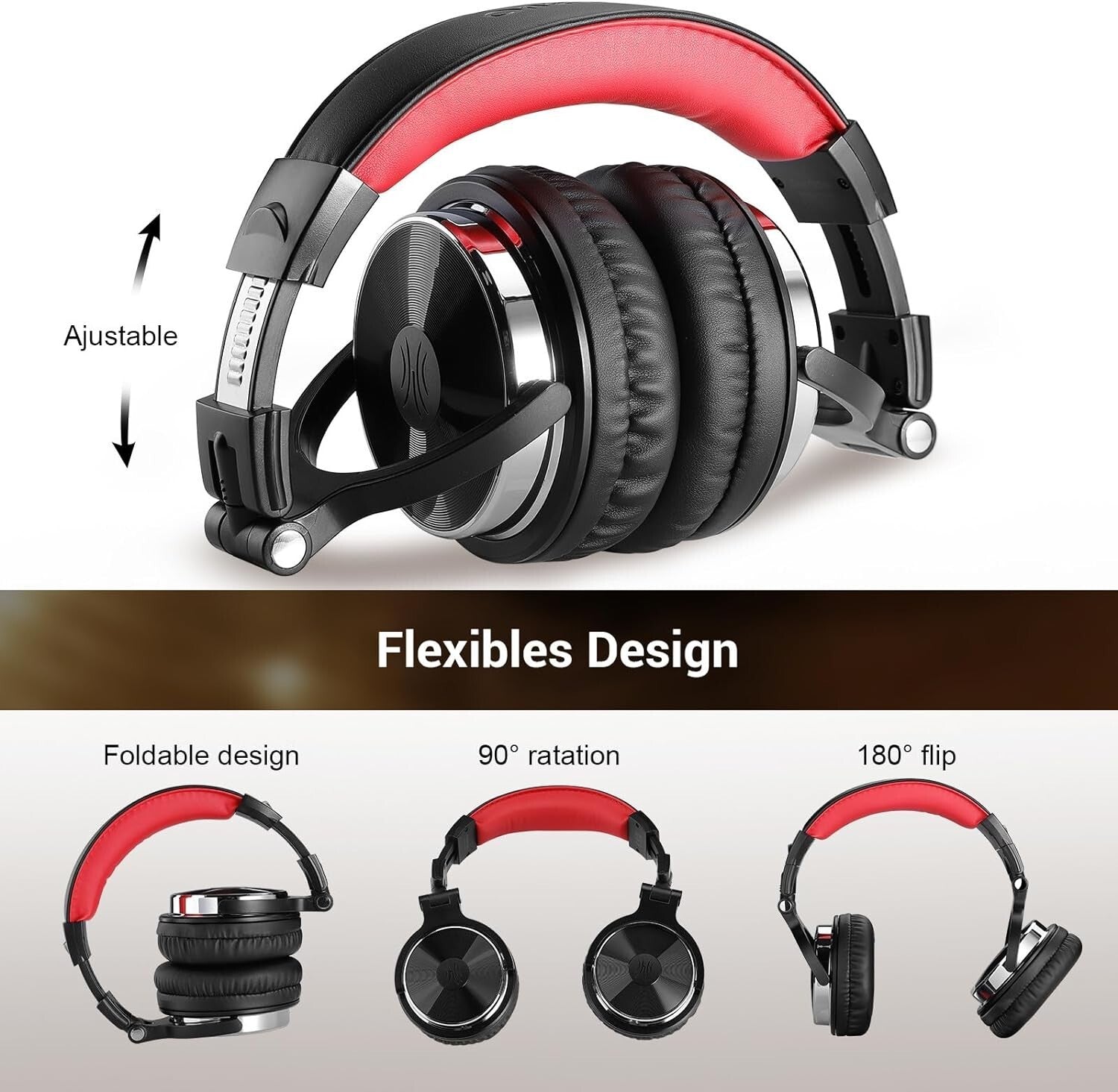 Dynamic Bass Over-Ear Studio Headphones with 50mm Drivers & Dual Jacks - Red