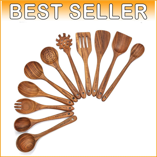 Elegant 11-Piece Teak Wooden Kitchen Utensils Set - High Heat Resistant Tools