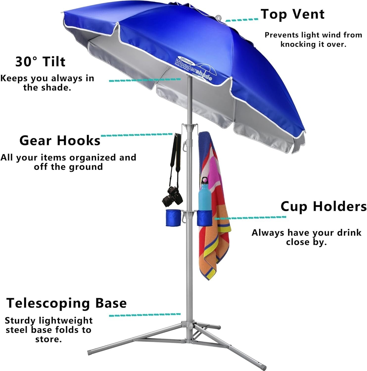 60" Round Sun Shade Umbrella with Adjustable Tilt & Accessories for Beach Fun
