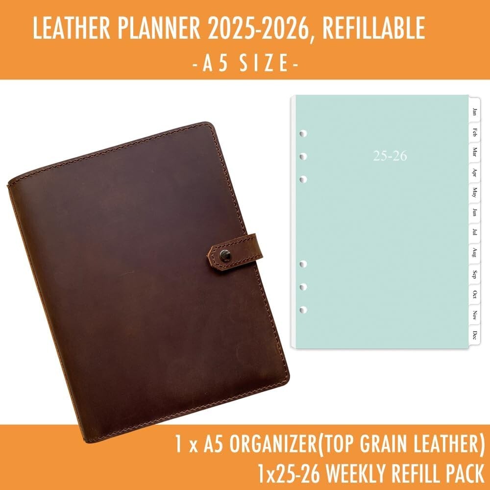 2025-2026 Leather Planner, A5 Refillable Organizer with Extra Storage Pockets