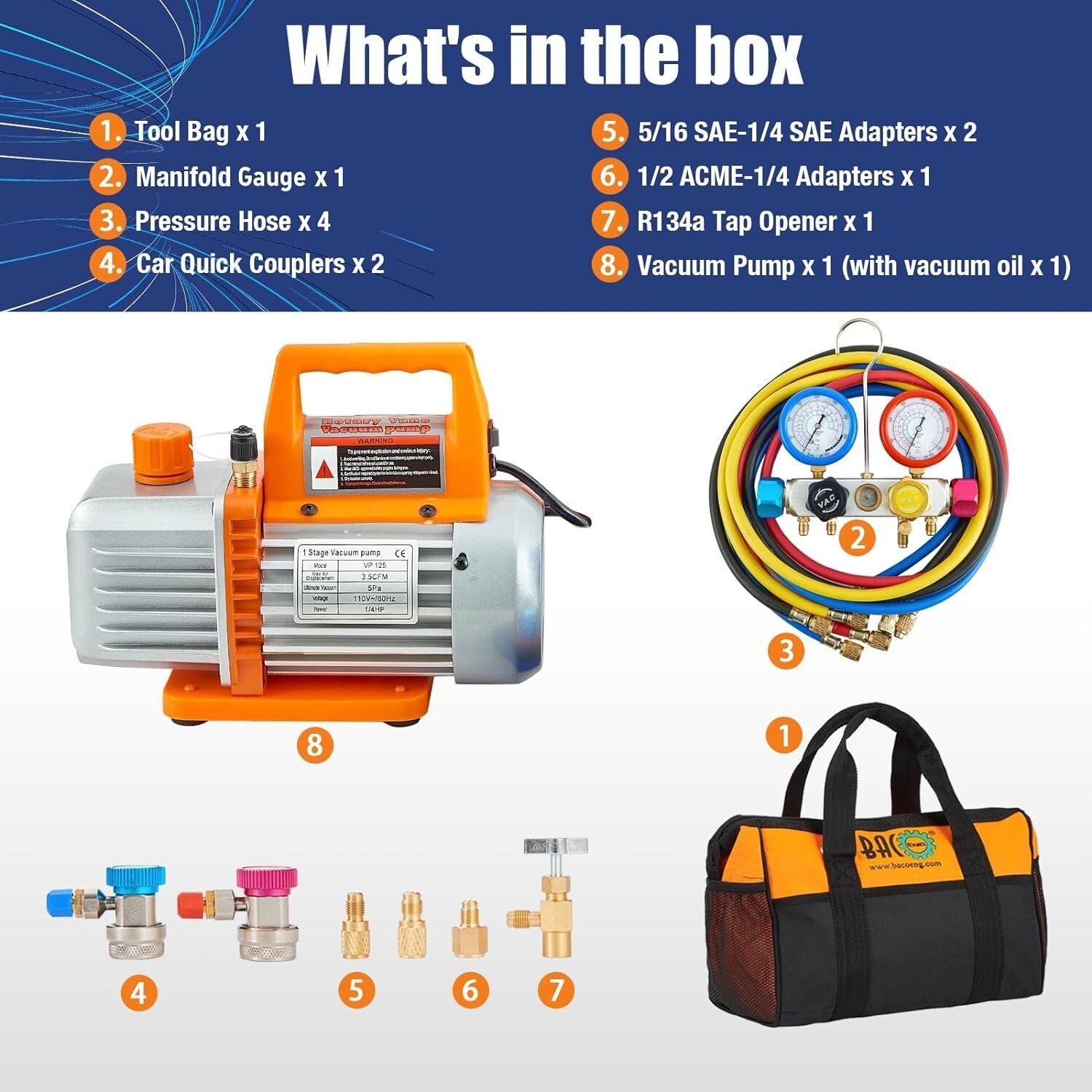 Efficient AC Vacuum Pump at 3.5CFM with Professional Gauge Set Accessories