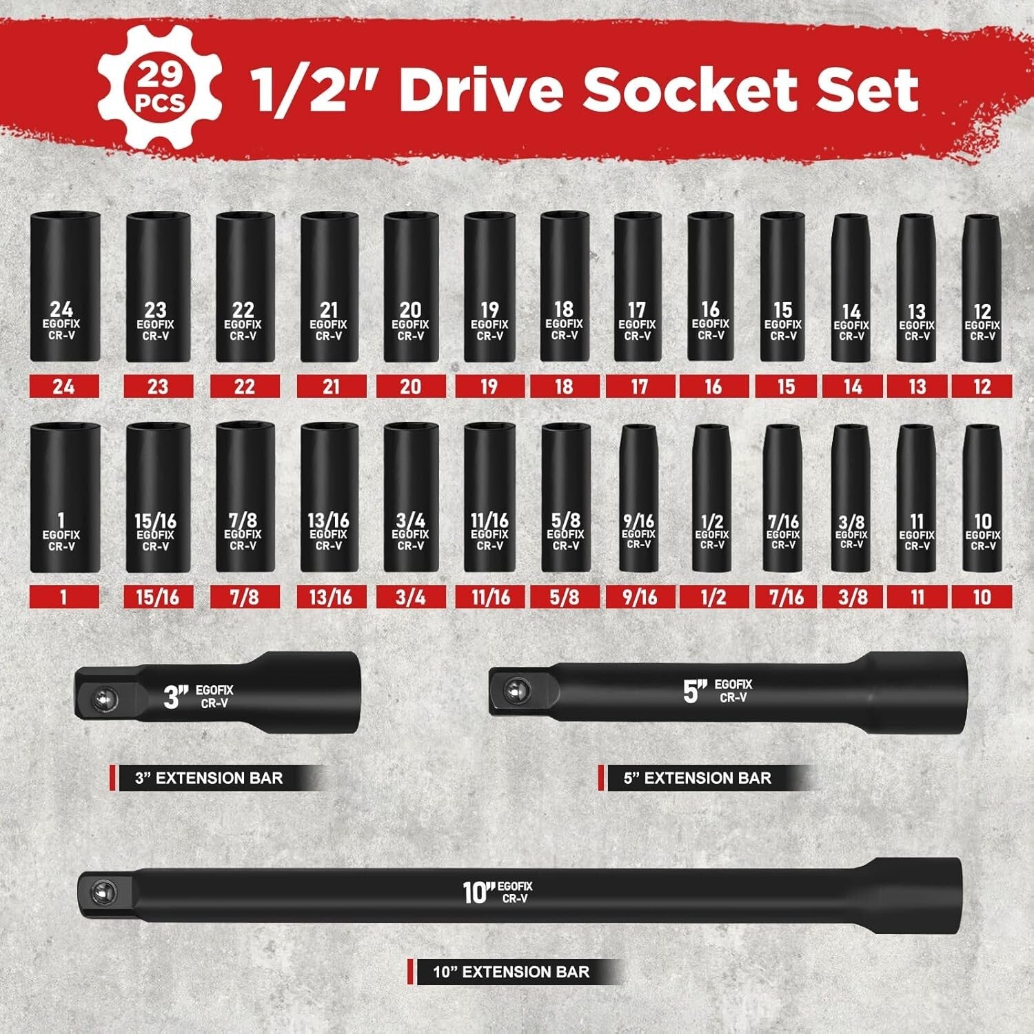 29-Piece Chrome Vanadium 1/2" Socket Set with Extensions for Home & Garage