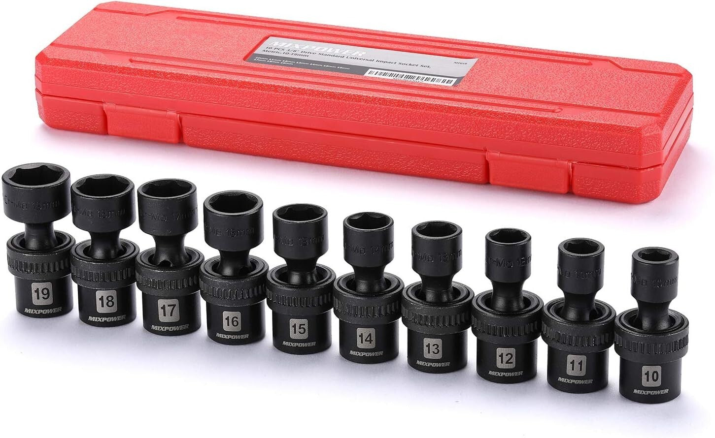 10-Piece 3/8'' Drive Swivel Universal Impact Socket Set - Metric Sizes 10-19mm