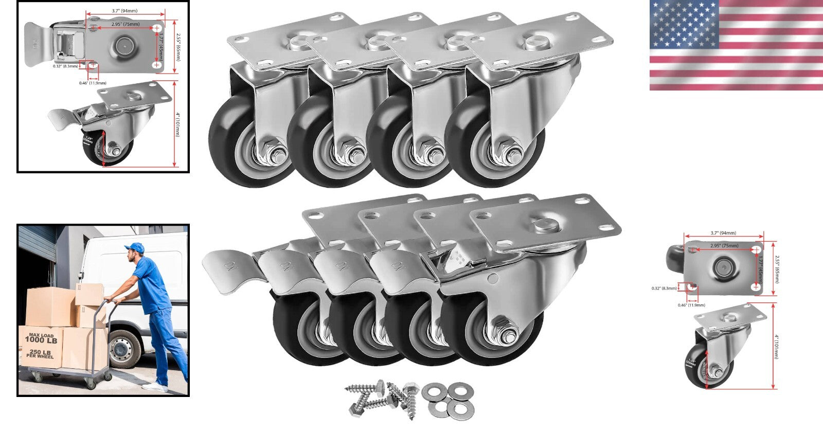 8 Pack Heavy-Duty 3" Swivel Plate Casters with Brakes for Effortless Mobility