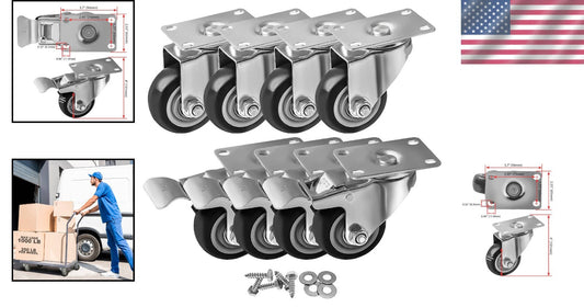 8 Pack Heavy-Duty 3" Swivel Plate Casters with Brakes for Effortless Mobility