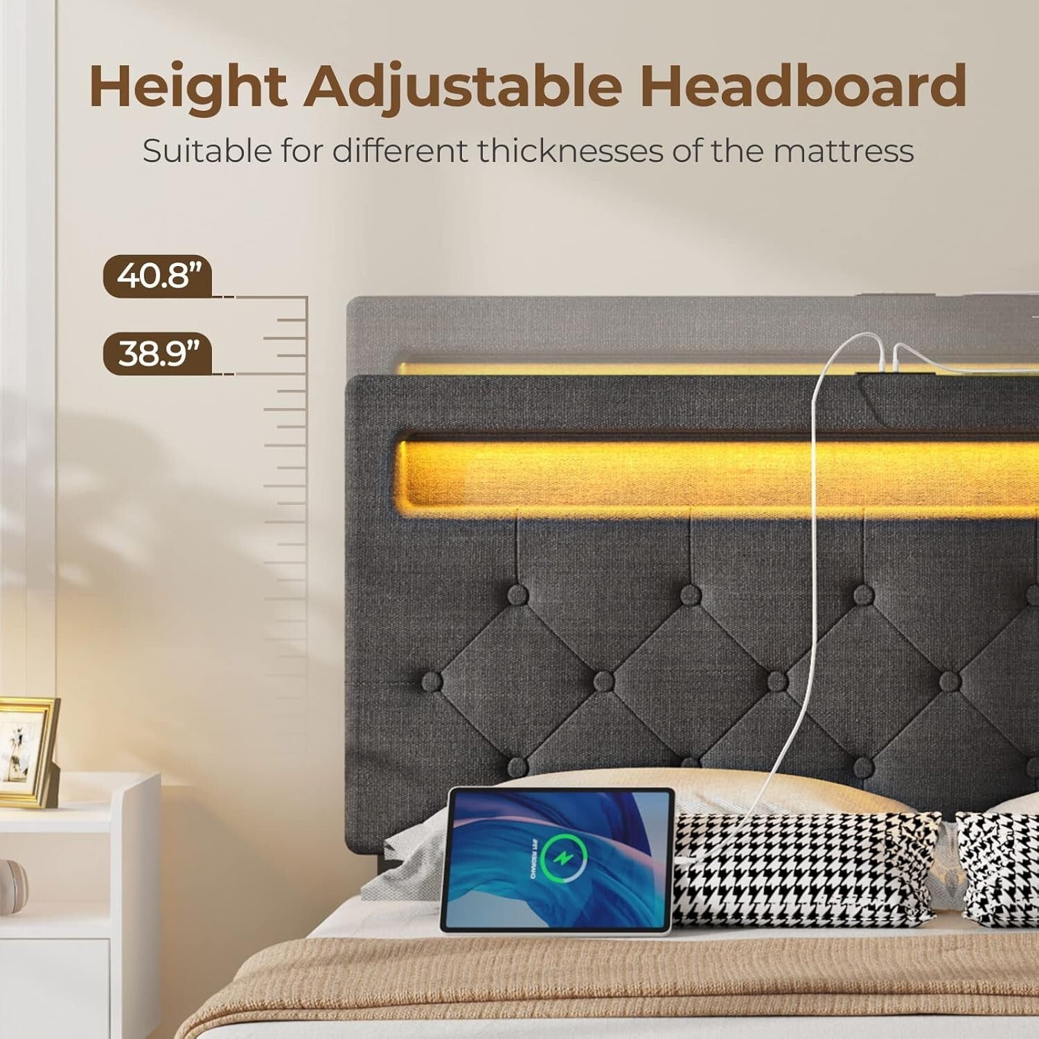 Full Size Bed Frame with USB Charging & LED Lights - 4 Storage Drawers Included