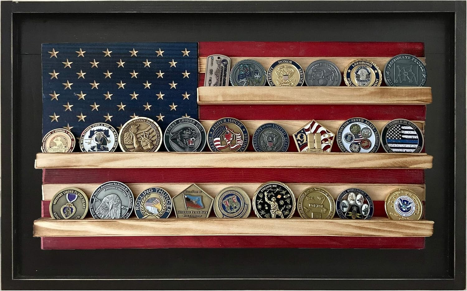 Rustic American Flag Coin Display - Holds 25 Military Coins, 15.25" H x 23.5" W
