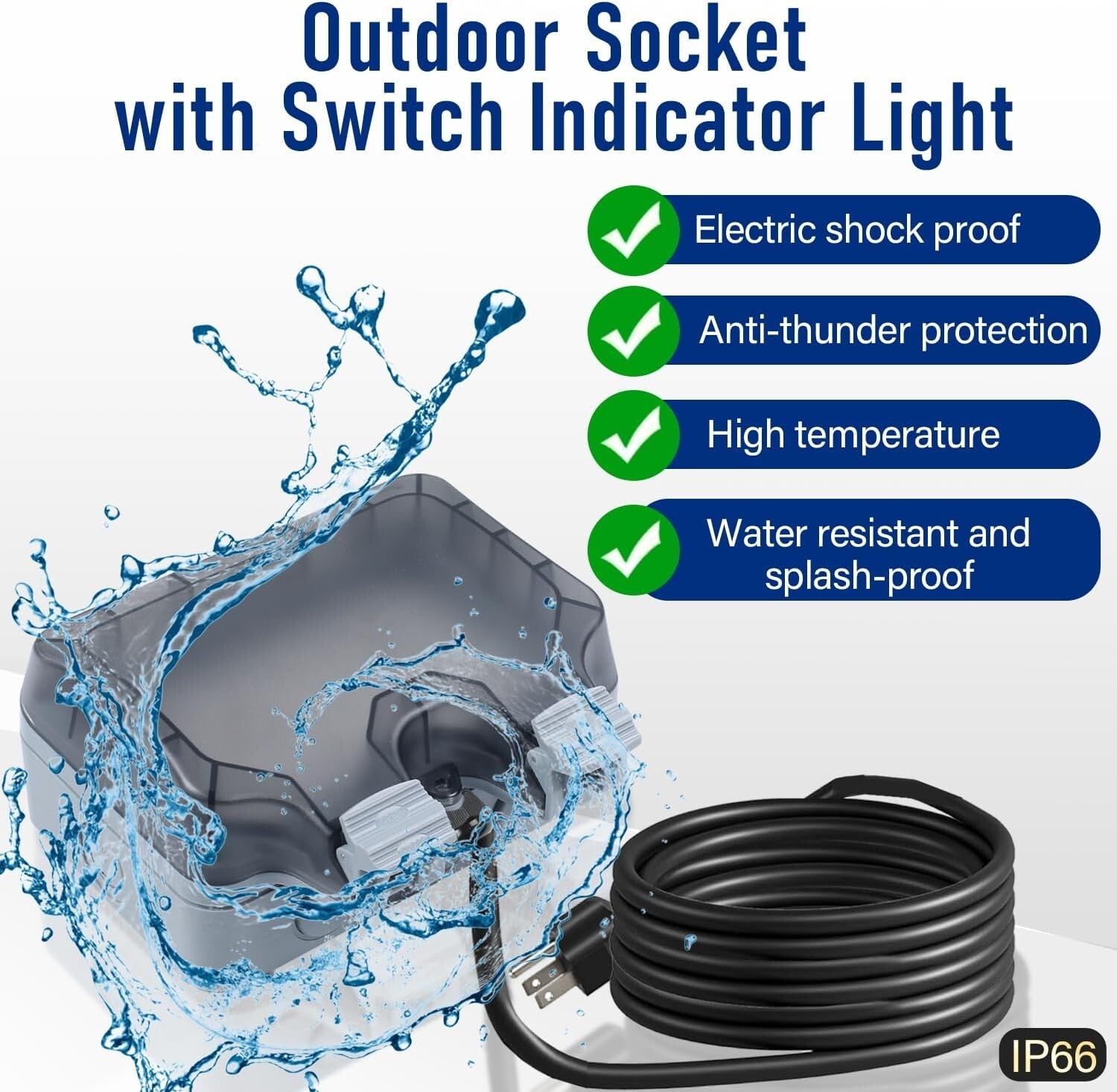 Weatherproof Outdoor Electrical Socket with 32.8Ft Extension Cord for Security