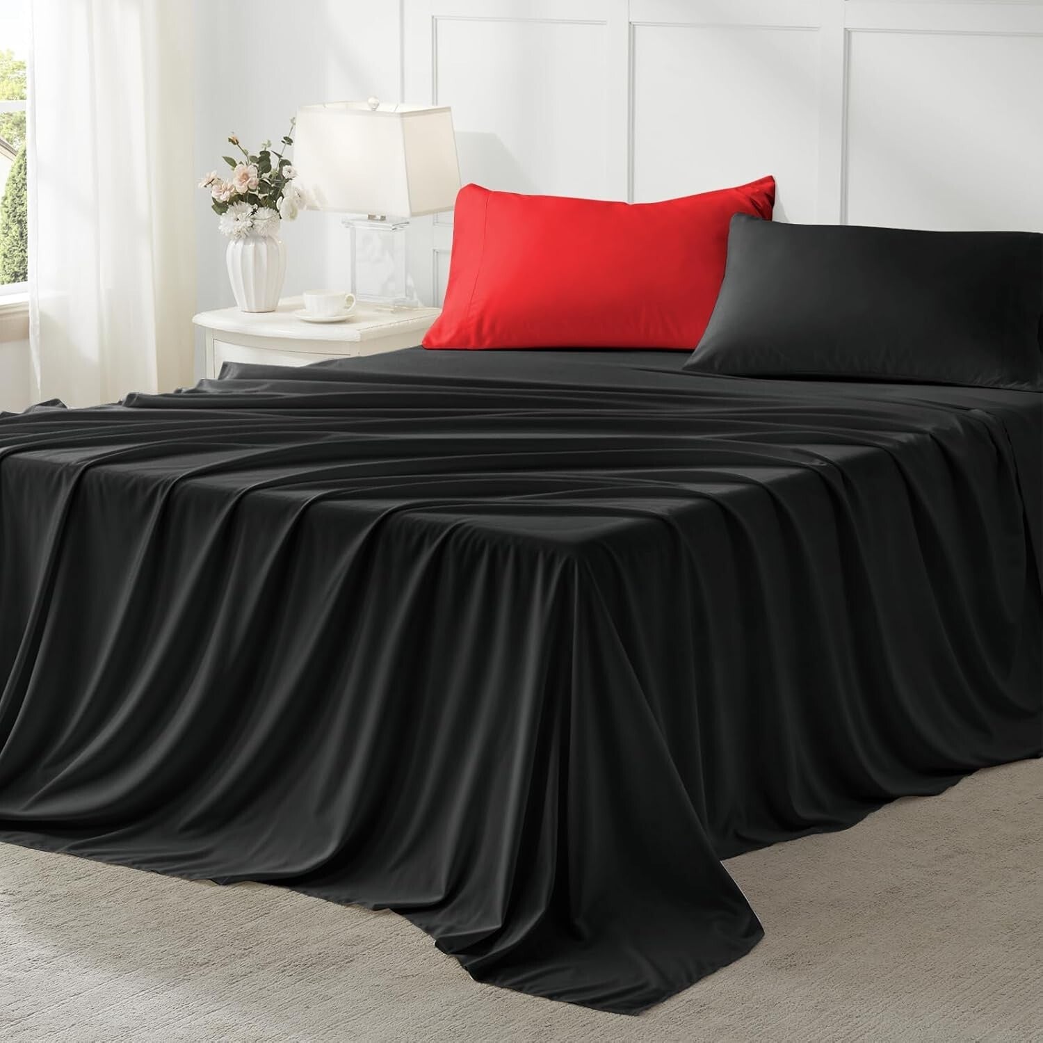 7-Piece All-Season Bedding Set with Black & Red Microfiber Comforter - Cal King
