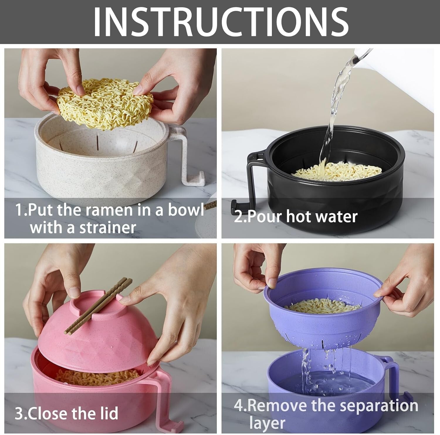 Chic 8-Piece Instant Noodle Bowl Set - Microwave-Friendly & Easy to Clean
