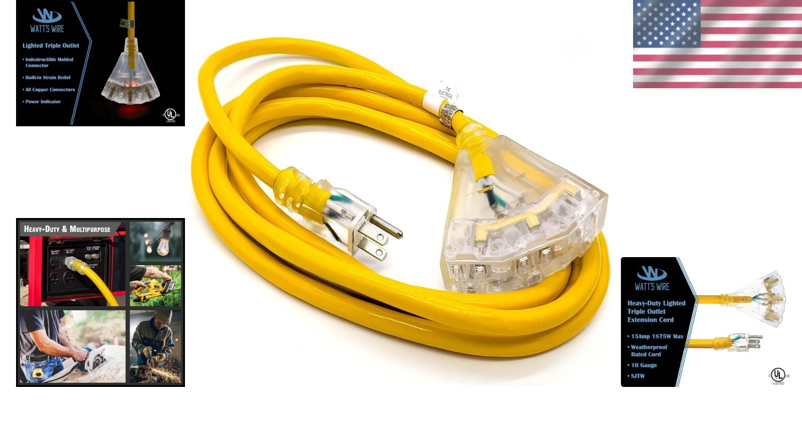 10 ft Heavy Duty Extension Cord with 3 Outlets - Yellow Waterproof Solution