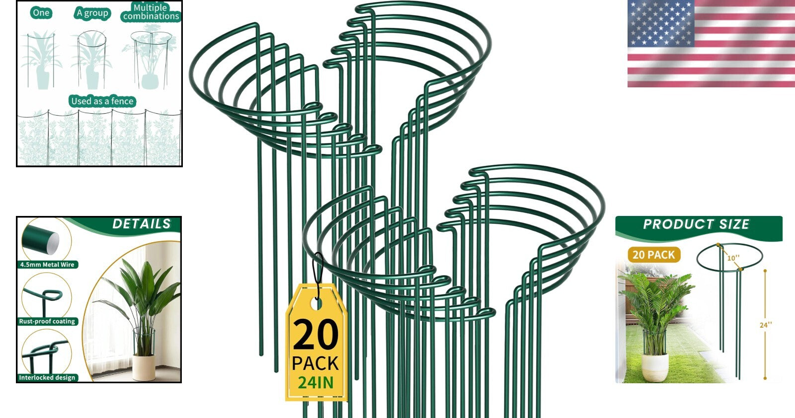 20 Pack Metal Plant Supports - 10" Wide x 24" High Interlocking Garden Cages