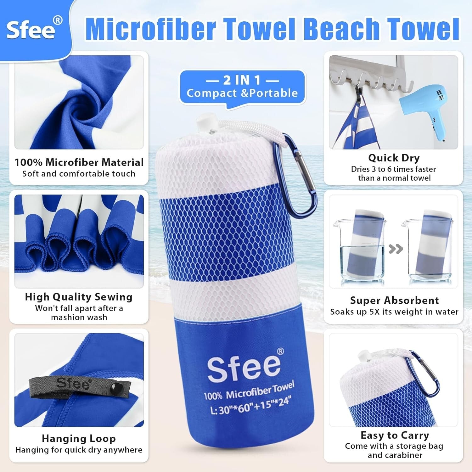 Compact Microfiber Beach and Gym Towels Set - Ultra-Light & Super Absorbent