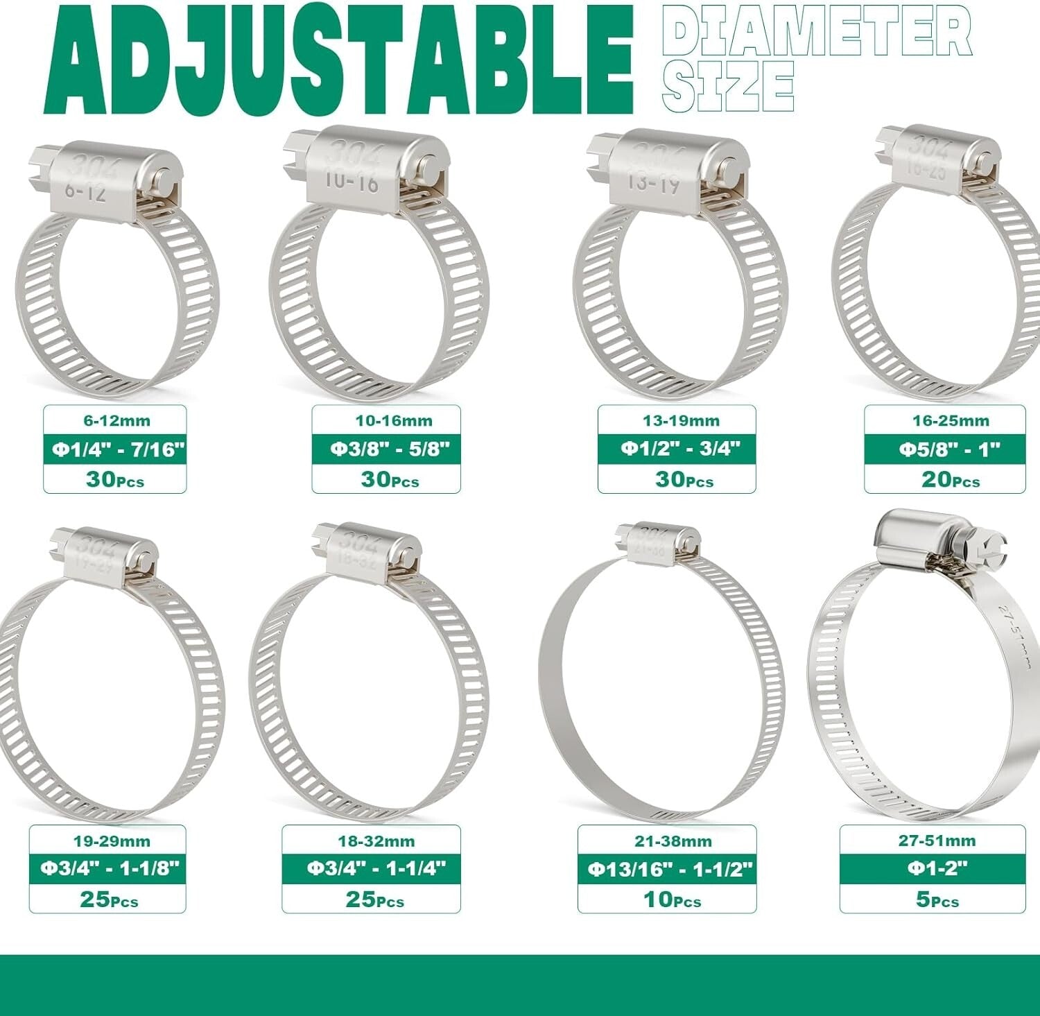 175PCS Adjustable Stainless Steel Hose Clamp Kit - Heavy Duty & Versatile