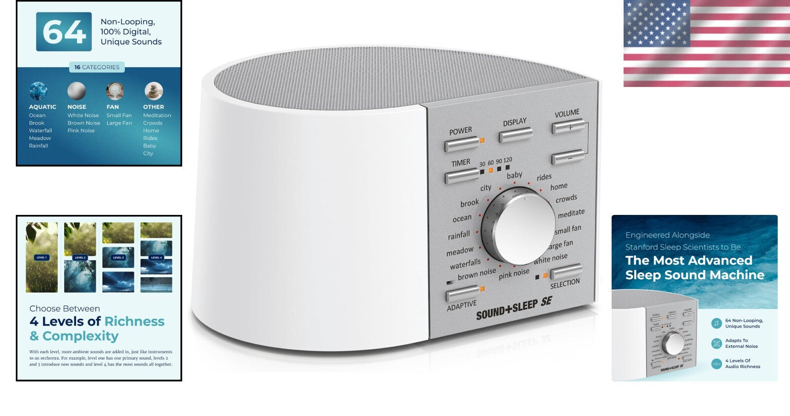 Compact White/Silver Noise Machine with Adaptive Sound Technology for Sleep Aid