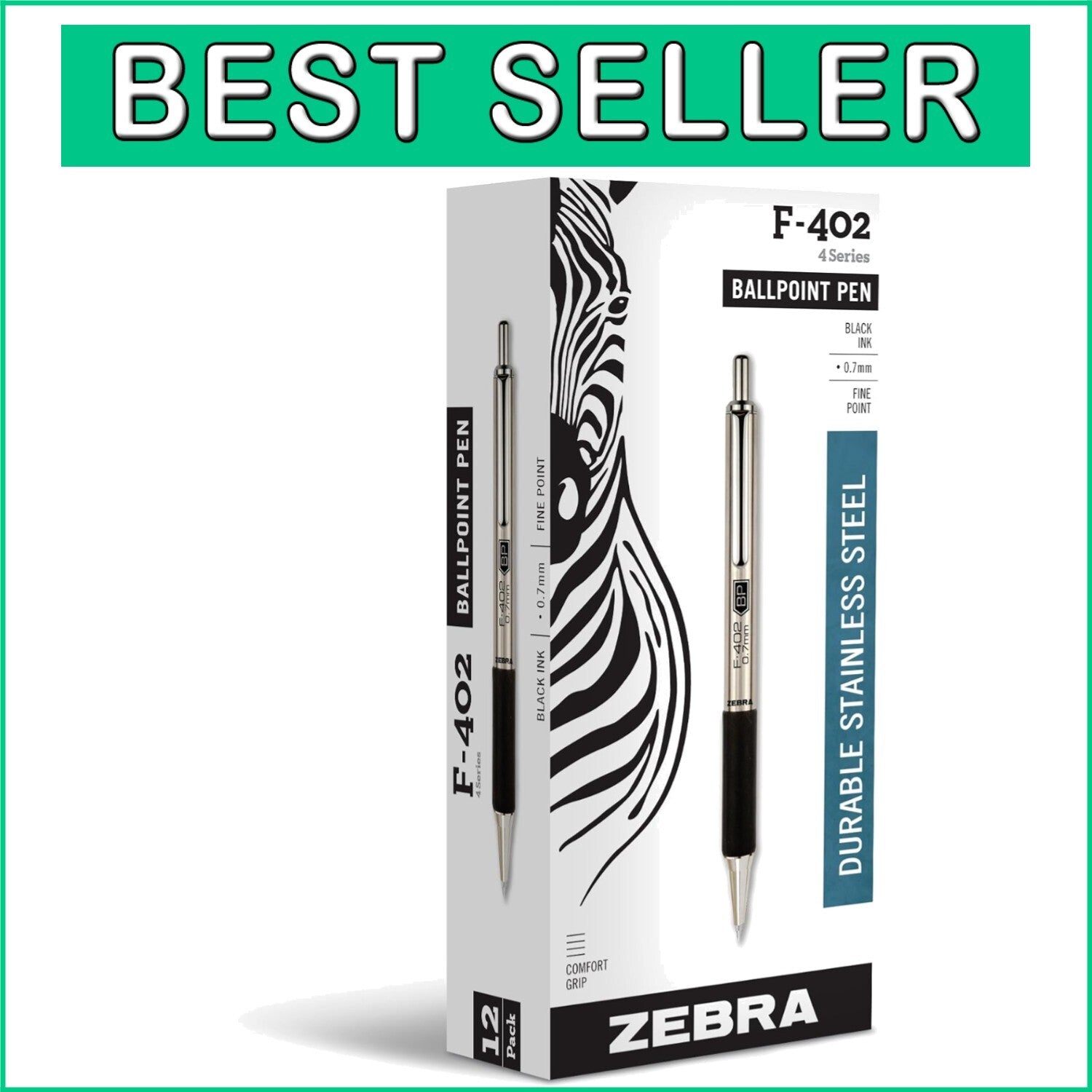 Elegant Zebra F402 Retractable Ballpoint Pen, 12 Count, Superior Writing Quality