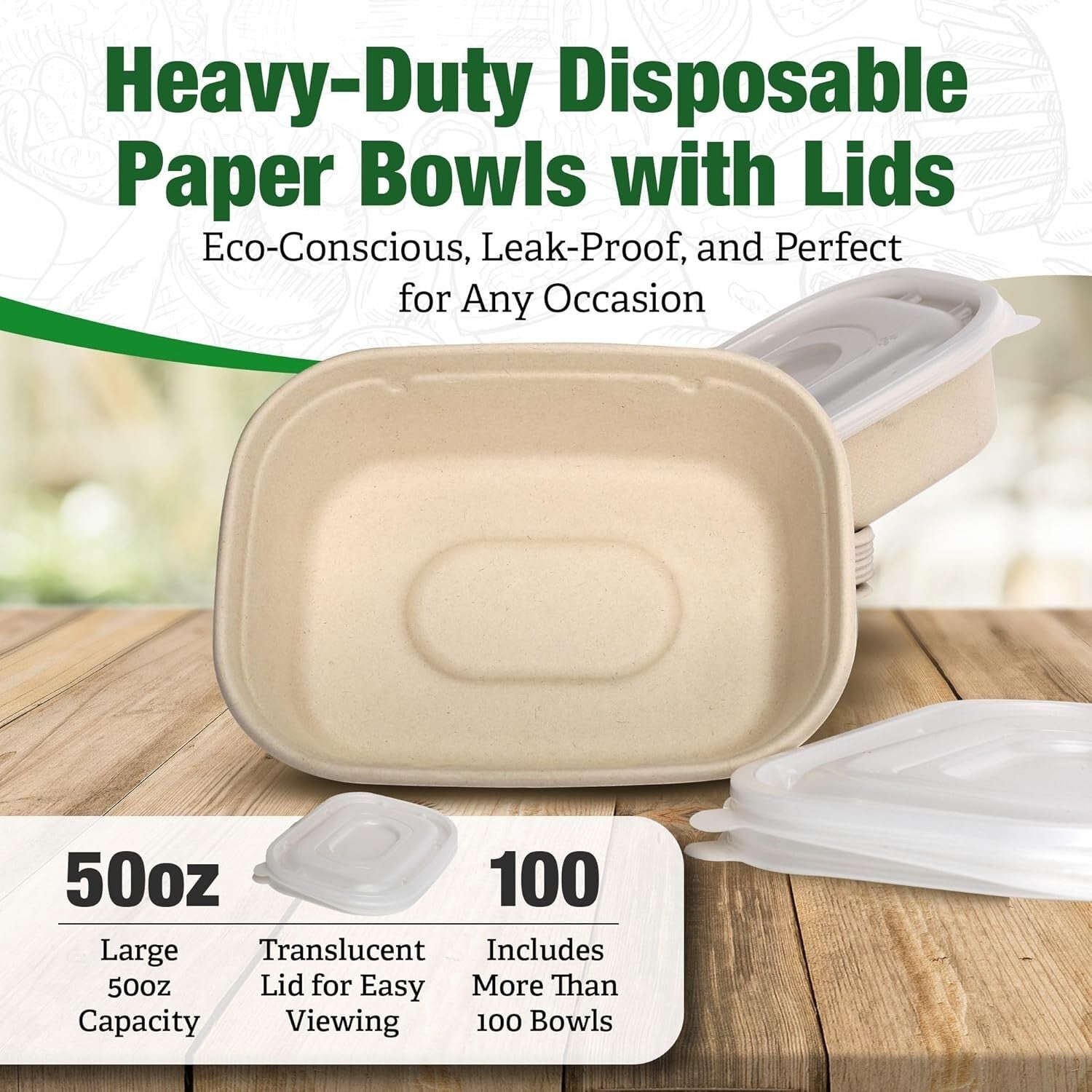 Disposable Large Paper Bowls 100 Pack - 50 oz Leak-Immune for Parties & Takeouts