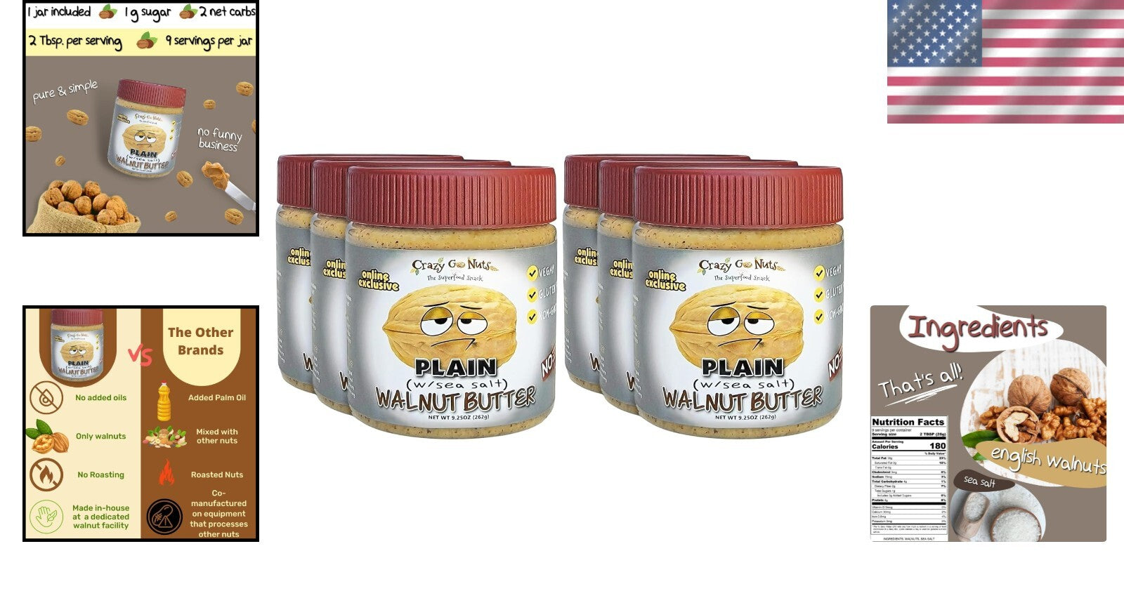 Delicious Walnut Butter with Sea Salt - Vegan, Superfood Snack 9.25 oz 6-Pack