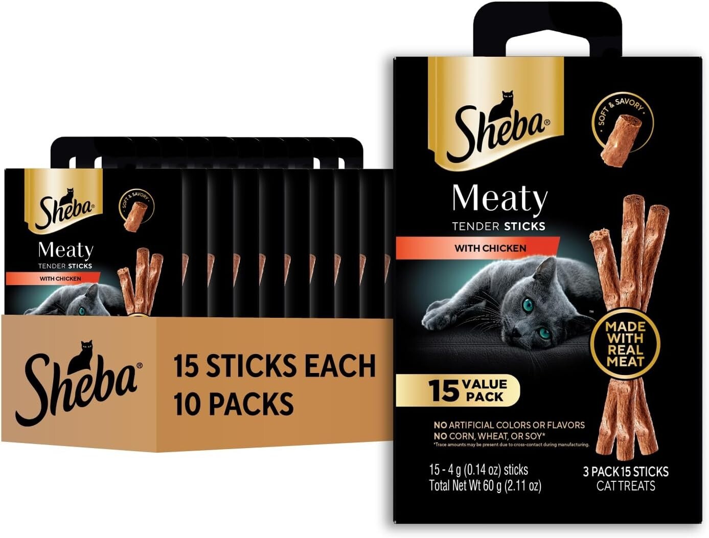 Individually Wrapped Sheba Chicken Treats - Soft Meaty Sticks for Cats, 2.77 lbs