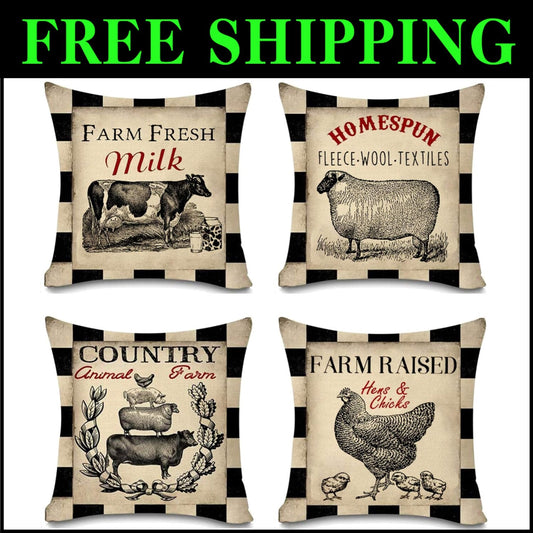 Cozy Cotton Linen 18x18 Farmhouse Animal Pillow Covers – Set of 4 with Zipper